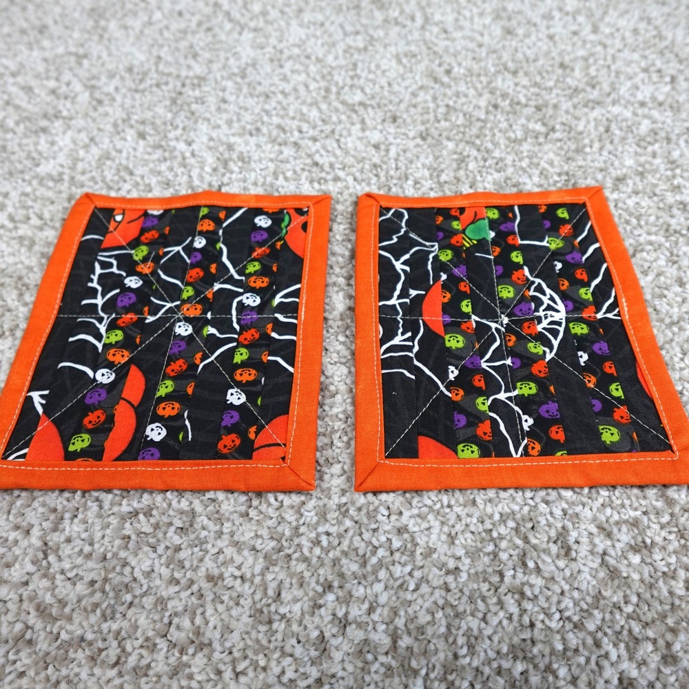 Handmade Quilted Mug Rugs Halloween Jack o' Lantern Spider Web Coasters Set of 2